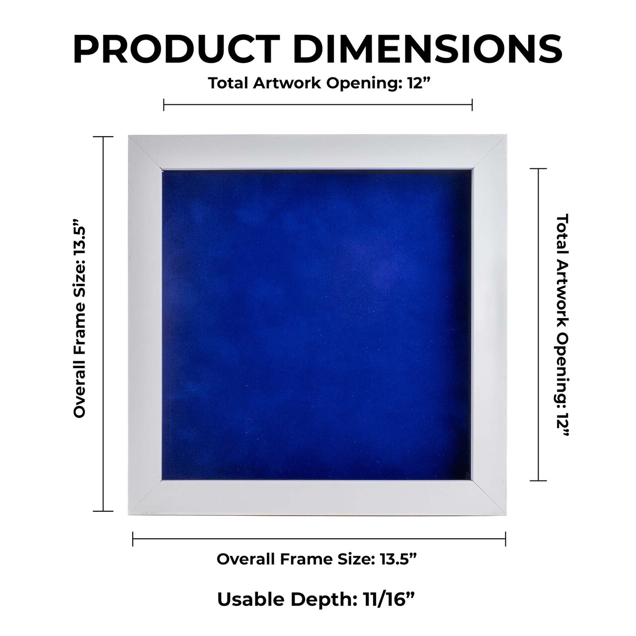 Classic White Wood Shadown Box Frame with Acrylic Front - Royal Blue Suede Backing, 30 Sizes